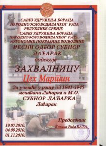 Priznanje SUBNOR - a za Martina Ceha