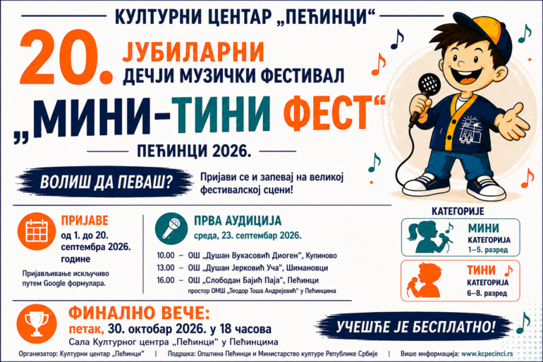 Počinju prijave za 20. jubilarni Dečji muzički festival „Mini-tini fest“ u Pećincima
